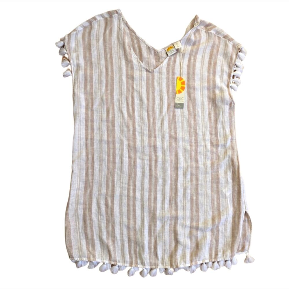 C&C California Neutral Linen Blend Stripes Tassel Boho Beach Coverup Dress NWT